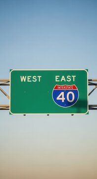 Directional Highway Sign West East Interstate 40 On Clear Sky