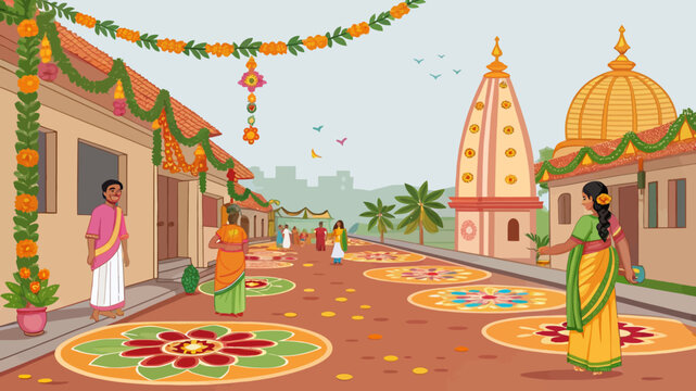 A vibrant and colorful street scene in a traditional Indian village during a festive celebration with people and decorations