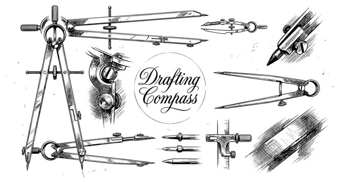 Detailed illustration of drafting compasses and drawing tools in vintage sketch style
