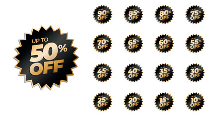 Premium black and gold discount badges set with percentage sale labels, luxury promotion vector collection. Star burst with 90, 85, 80, 75, 70, 65, 60, 55, 50, 45, 40, 35, 30, 25, 20, 15, and 10% off.