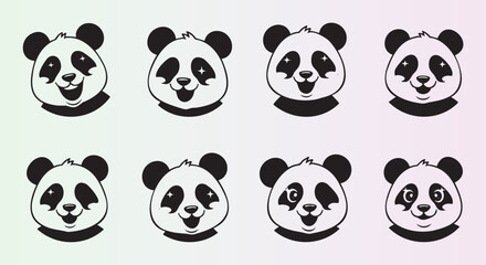 Fototapeta premium Cute cartoon panda faces set with sparkle eyes isolated collection