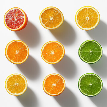 Colourful citruses on white background, creative fruit concept.	