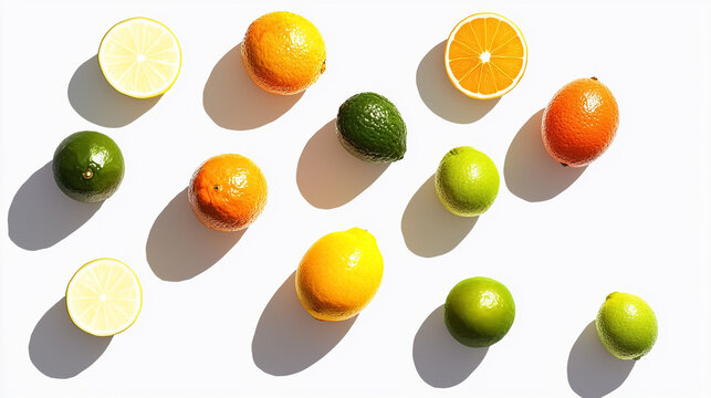 Colourful citruses on white background, creative fruit concept, modern still life.