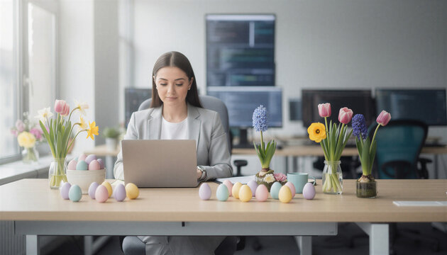 Easter IT workplace concept, software developer working on laptop with pastel easter eggs and spring flowers on desk, modern tech office interior, soft natural daylight, clean minimal composition