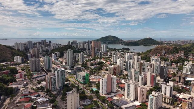 Aerial view of Vit&oacute;ria and Vila Velha skyline with bridge and harbor in Esp&iacute;rito Santo Brazil