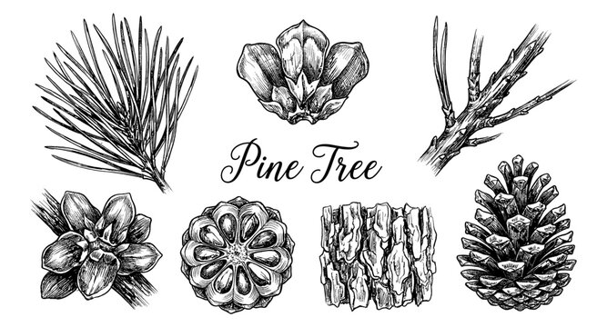 Detailed botanical illustration of pine tree elements including needles, cones, and bark