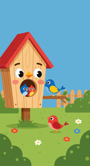 Obraz premium Birds in a Birdhouse Scene.