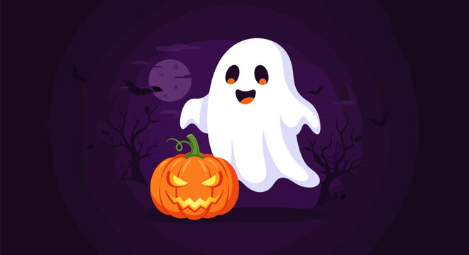 Smiling Ghost Holding Pumpkin.
