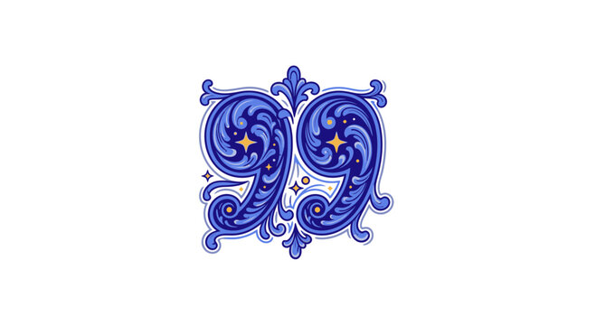 Blue ornate number ninety nine design.