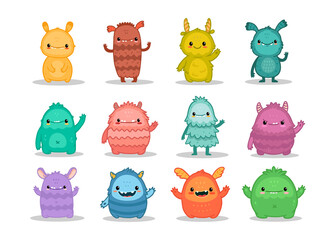 Naklejka premium big set of cartoon monsters. Cute flat monsters collection. Kids funny characters design for posters, cards, design t-shirt