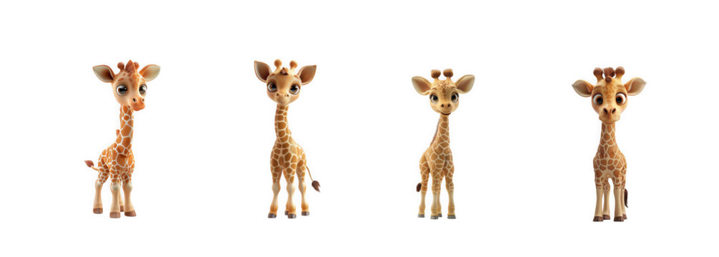 Adorable cartoon baby giraffes standing playfully, digitally rendered and isolated on transparent background