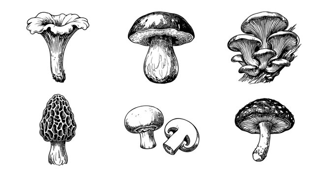 Collection of six distinct mushroom species illustrated in a vintage botanical drawing style