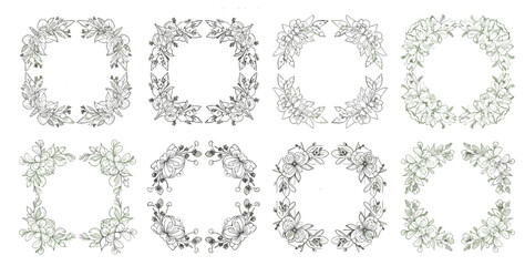 Obraz premium Elegant collection of eight hand drawn floral frames and botanical wreaths in minimalist sketch style for wedding invitations and branding projects isolated on white background vector