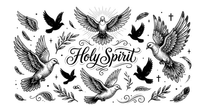 Elegant Holy Spirit doves and feathers illustration with calligraphy