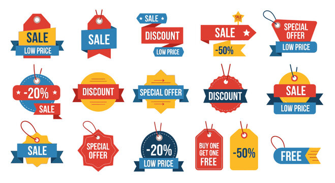 Colorful sale discount tags and stickers.