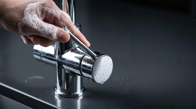 Soapy hand turning modern chrome faucet handle for hand washing.