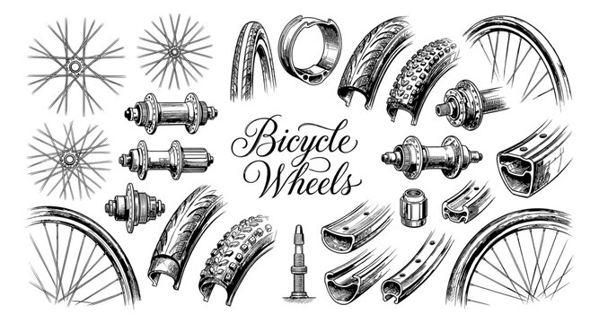 Detailed illustration of bicycle wheel components and parts in a vintage sketch style