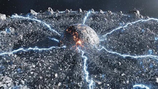 Cosmic asteroid field with glowing planet and electrical energy discharges