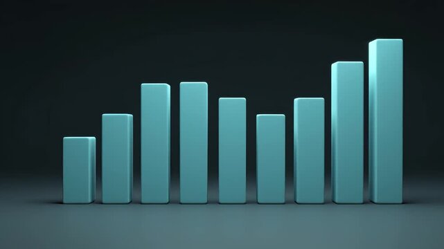 Abstract 3D bar chart visualization depicting corporate growth and decline on a sleek dark background for financial analysis concept