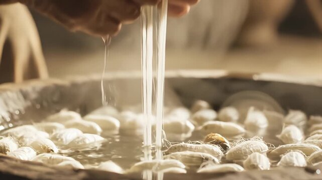 Close up of elderly hands pulling raw silk threads from boiling Bombyx mori cocoons during traditional sericulture process