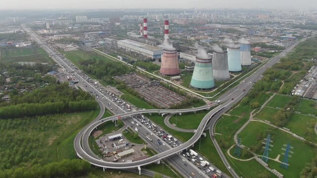 Drone flying forward descending over MKAD interchange