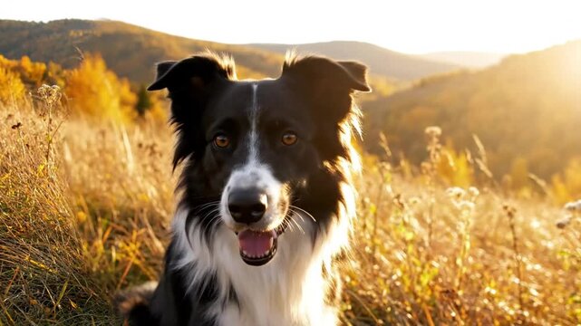 Happy and Energetic Border Collie Dog Looking Directly at the Camera in a Golden Autumn Field