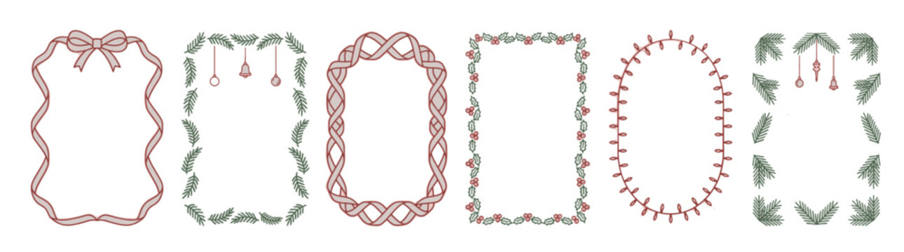Elegant set of Christmas and holiday decorative frames with festive ribbons, green pine branches, and delicate ornaments, perfect for greeting cards,isolated on white.