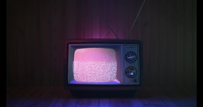 Retro TV displaying static on Wood Paneling Background and Surface Atmosphere 