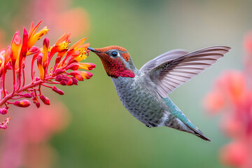 Fototapeta premium Beautiful Annas hummingbird hovering and feeding on bright red crocosmia flowers. Stunning wildlife photography with vibrant colors and soft blurred background
