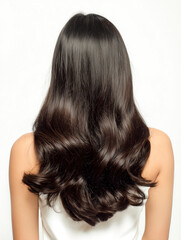 Fototapeta premium Back view of a woman with long, shiny dark brown wavy hair. Beautiful silky tresses with elegant curls and radiant highlights, concept of hair care, salon styling, and healthy hair