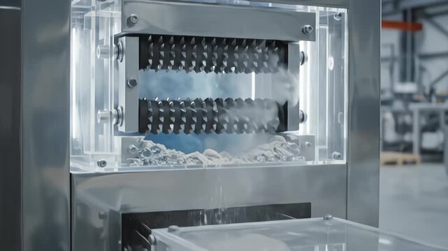 Close up of an industrial granulator machine shredding a translucent solid rod into small pieces and dispensing them onto a conveyor belt