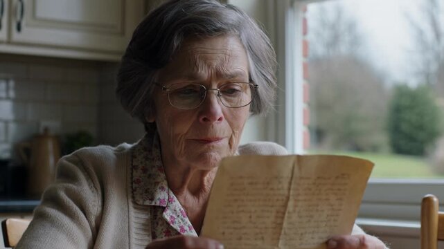 An older woman sits alone at a kitchen table reading a handwritten letter. She presses the letter to her chest and looks out the window at the garden.