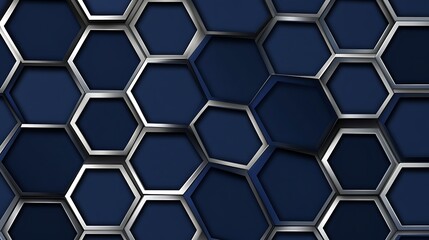 Fototapeta premium Modern dark blue and silver hexagonal pattern background with metallic edges and geometric design elements for digital art