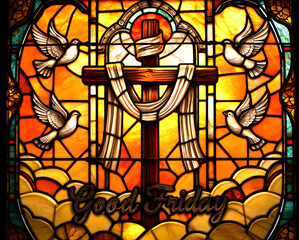 Vibrant stained glass cross with doves for good friday celebration