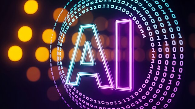 The letters 'AI' glowing in neon pink and blue inside a circular digital data stream of binary code, representing artificial intelligence and technology