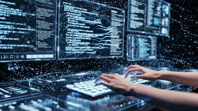 Futuristic hacker typing on glowing keyboard with holographic data streams and code