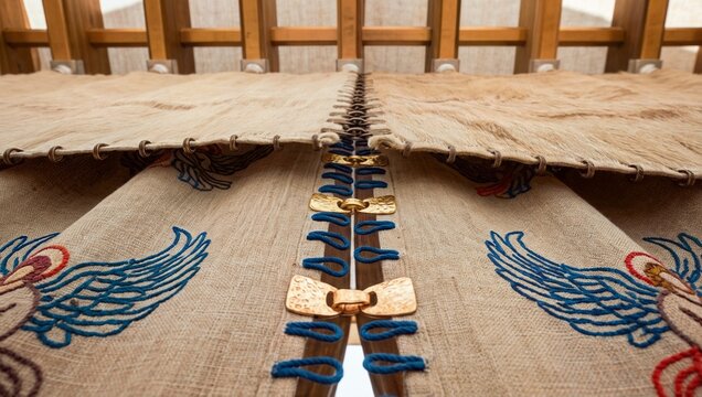 성막 내부의 자수 천과 금 걸쇠, 그룹 문양으로 장식된 신성한 예배 공간.