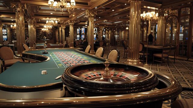 Luxurious casino interior with roulette and poker tables under warm lighting.