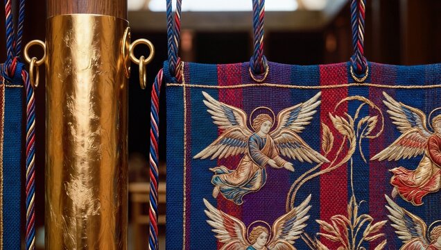 성소와 지성소를 나누는 휘장, 그룹 자수와 금 기둥으로 장식된 신성한 예배 공간.