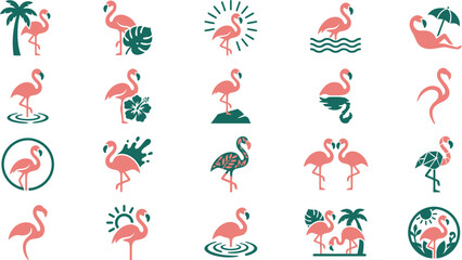 Collection of vibrant pink and teal flamingo silhouette icons representing tropical vacation themes © Septarim