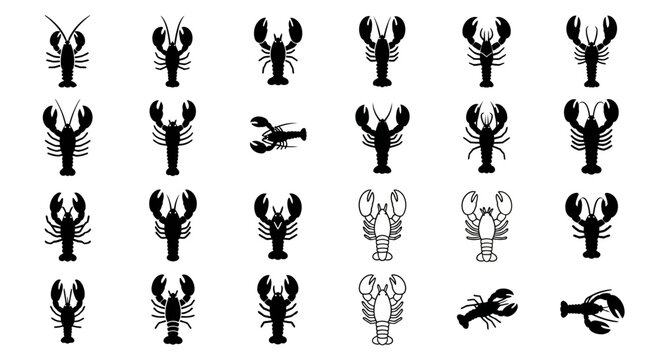 Lobster Icon Set Vector Collection: Diverse Crustacean Silhouettes for Seafood and Marine Themes