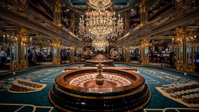 Luxurious casino interior with ornate chandeliers and roulette table.