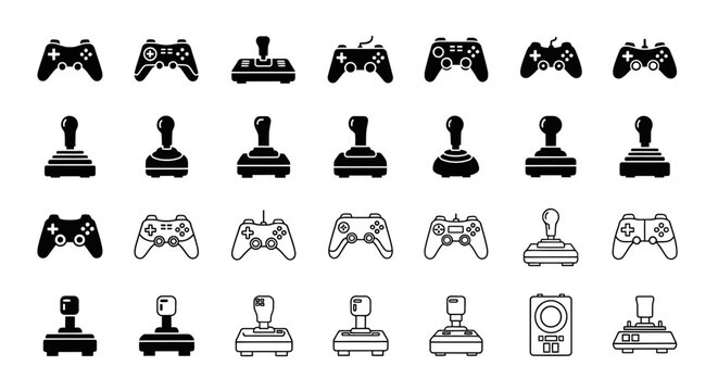 Collection of Video Game Controllers and Joysticks Icons, Retro and Modern Gaming Input Devices