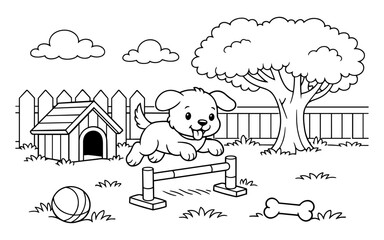 Obraz na płótnie Canvas Cute cartoon puppy jumping over agility hurdle in a backyard setting