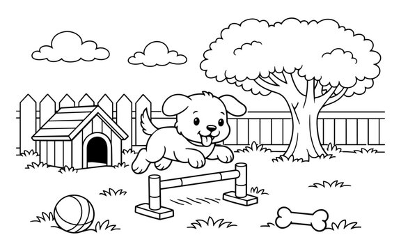 Cute cartoon puppy jumping over agility hurdle in a backyard setting