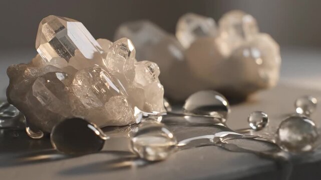 Water Droplets Falling on Natural Quartz Crystals Macro Shot