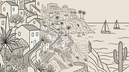 Fototapeta premium Hand-drawn coastal hillside town with terraced houses, palm trees, and sailboats along a rocky shoreline in a Mediterranean seascape.