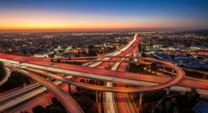 Expansive Urban Interchange At Dusk With Light Trails