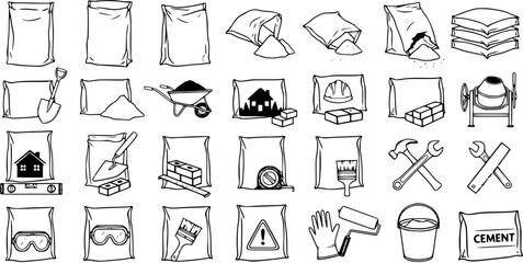 Construction Hand-Drawn Icons Set: Cement Bags, Tools, Safety Gear  More - Line Art Style © victoria