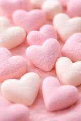 Obraz premium Close-up of soft pink and white heart shaped marshmallow candies on a pastel background, romantic sweet treat concept with delicate texture and shallow depth of field.